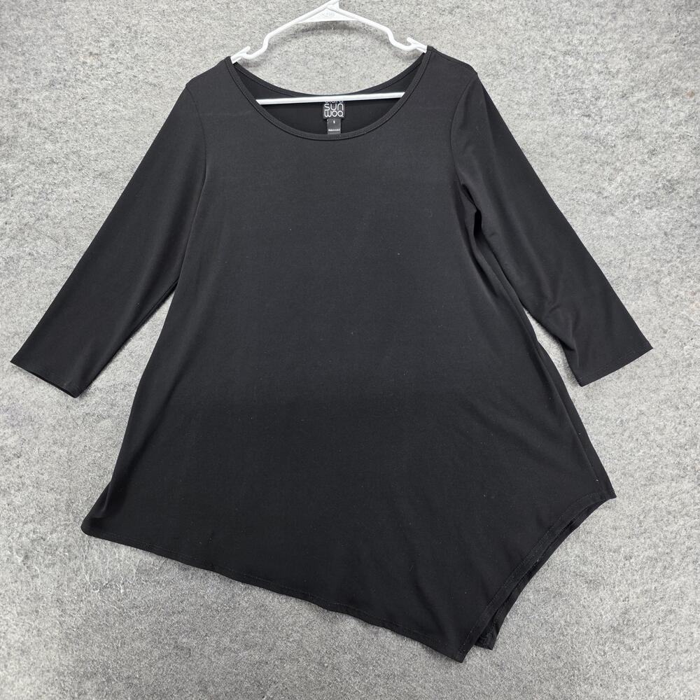 Clara Sunwoo Blouse Tunic Womens S Black Asymmetrical Hem 3/4 Sleeve Stretch